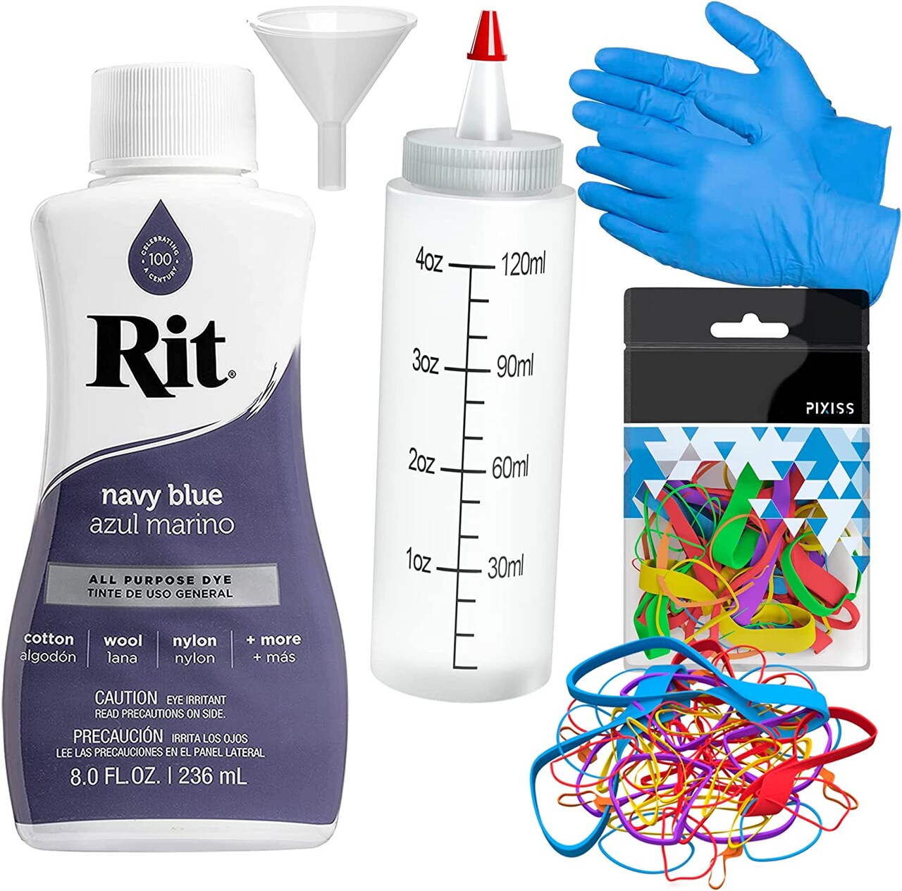 Rit Dye Liquid Navy Blue All-Purpose Dye 8oz, Pixiss Tie Dye Accessories Bundle